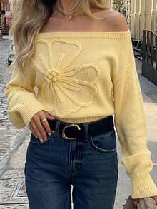 Women's Knit Cold Shoulder Pullover Sweater, Decorated With Floral Embroidery, Long Sleeve Cropped Design Fall - Yellow - View 6