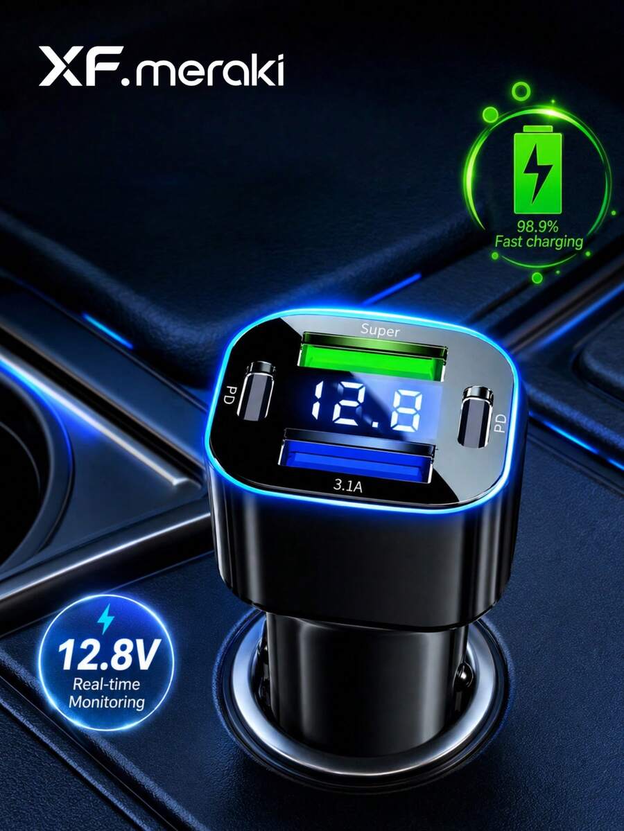 XF.Meraki Car Charger, 4-Port Cigarette Lighter USB Charger Adapter With Voltmeter, PD 3.0, USB Charger, Multi-Port Accessory, Compact And Portable, Can Quickly Charge IPhones And Most Android Models And Tablets, USB-C Car Charger,Car Accessories - 4-in-1 Car Charger - View 1
