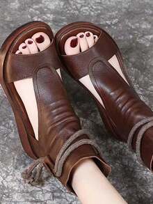 Romano zapatos de las mujeres de verano de moda casual nueva de alta altura pendiente con botas frescas de fondo grueso boca de pez - Marrón - Ver 5
