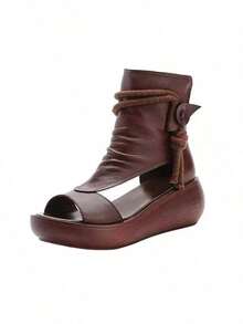 Romano zapatos de las mujeres de verano de moda casual nueva de alta altura pendiente con botas frescas de fondo grueso boca de pez - Marrón - Ver 8