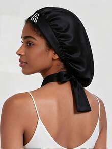 1pc A-Z Letter Adjustable Tie Style! Black Satin Letter Hair Care Sleep Cap, Women's Exclusive, Home Sleep Hair Care Bonnet, Luxury Care Hat - Black - View 2