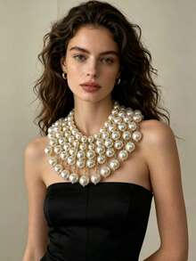 ZHENGHEN Y2K Style Exaggerated Pearl Choker - Sexy Bold Pearl Strand Necklace, Suitable For Festive Attire And Formal Occasions - White - View 4
