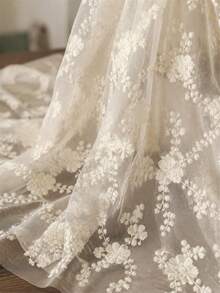 1pc Beige Embroidered Lace Fabric, Semi-Transparent Mesh With Daisy Branch Embroidery, Soft And Delicate Material, Suitable For Curtains, Tablecloths, Decorative Accents, Lightweight And Soft Home Decor - 1 - View 12