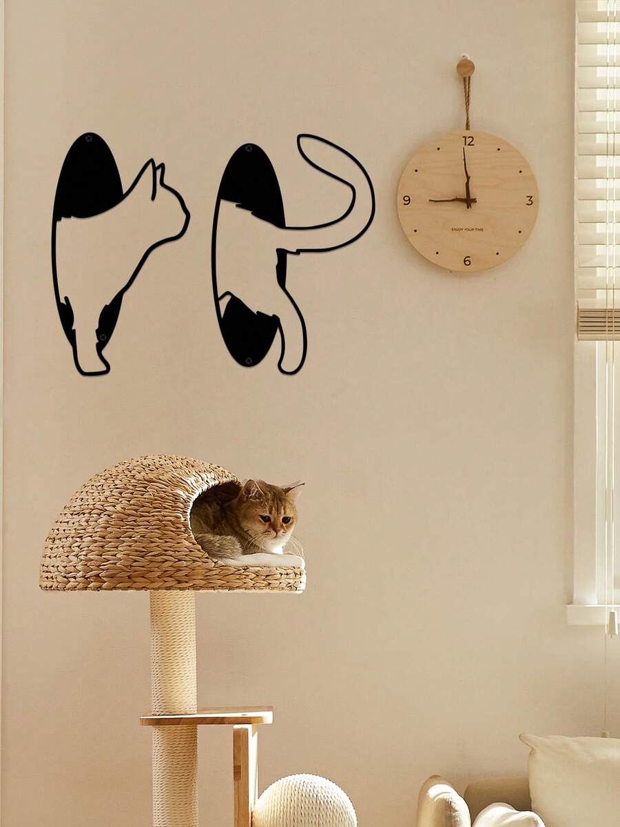 1pc Cat Head & Tail Metal Wall Art, Metal Cat Line Art, Cat Lover Gift, Cat Metal Sign, Bedroom, Living Room, Bathroom Wall Decor, Minimalist Decorative Hanging Ornament