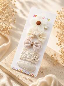 5件組珍珠蝴蝶結髮夾、波點薄紗髮夾、刺繡花朵髮夾，甜美女孩髮飾套組 - 彩色 - 查看 9