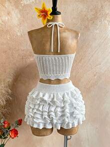 Dirp Noir Women's Early Autumn Independence Day Pure White Solid Color 3D Floral Decor Thin Strap Starfish Hollow Out Cropped Knit Tank Top + High Waist Shell Starfish Waist Decor Multi-Layer Tassel Ruffle Cake Wide Leg Shorts Two Pieces Hollow Out Knit Casual Set, Breathable Chunky Yarn Hollow Out Mesh Knit Material, Suitable For Independence Day, Beach Street Parade, Tropical Island Vacation Photo Shoot, Outdoor Lawn Picnic, Influencer Cafe Afternoon Tea, Summer Beach City Shopping, Back To School Season - White - View 5