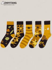 ZHIYITANG Random 1 Pair/5 Pairs Women's Mid-Calf Socks, Cartoon Fashion Fun Creative Personalized Highly Attractive Women's Socks, Spring/Autumn Thin Breathable Comfortable Soft Moisture-Wicking Sweat-Absorbing Socks, Sports Casual Street Style Women's Long Socks Suitable For Daily Wear - Multicolor - View 3