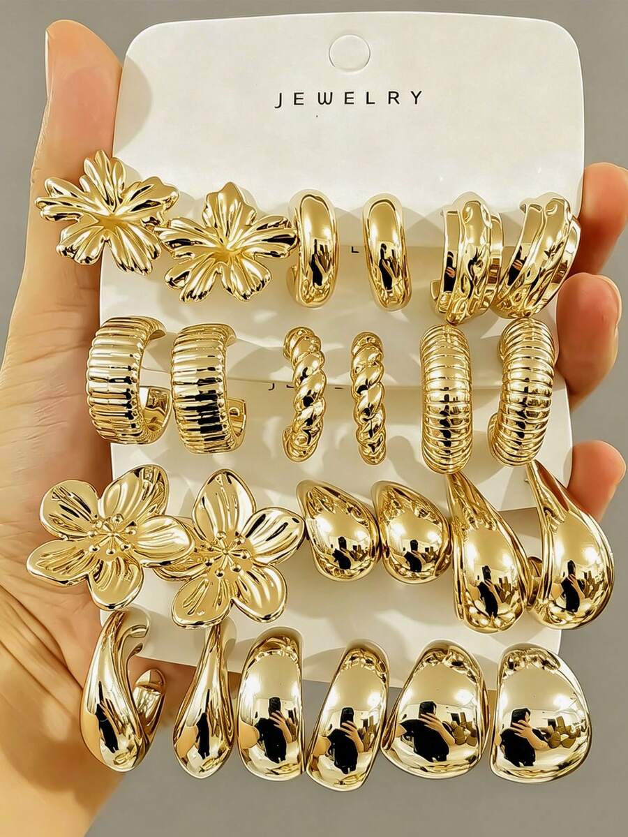 6-24 Stücke modisches elegantes Meeresleben-Serie Ohrring-Set, geometrisches Multi-Gold-Metall-Ohrring-Set, Damen-Mode-Ohrring-Set, für den täglichen Gebrauch, nicht verblassendes, hypoallergenes vergoldetes Ohrring-Set - Gold - Übersicht 1