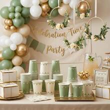10/20/40pcs,Sage Green Cream Curly Scalloped Line Disposable Paper Cups, Minimalist Hand Drawn Loop Border Drinking Cups, Neutral Tableware For Gender Neutral Baby Shower, Rustic Garden Wedding, Spring Brunch And Farmhouse Picnic Supplies - View 2