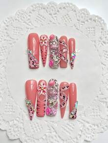 10pcs French Tip Zebra Stripe Chain Full Coverage Rhinestone 3D Red Lips Heart Acrylic Nails For Hands, Vacation, Vacation Outfits, Graduation, Press On Nails Suitable For Girls, Holiday, Wedding, Party - Hot Pink - View 12