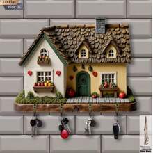 2D Flat, 1pc Cute Wooden Multifunctional House-Shaped Key Holder With 4 Metal Hooks, Suitable For Wall Decor, Porch Decor, Room Decor, Villa Decor, Home Decor All Seasons, 2D Flat - Multicolor - View 19