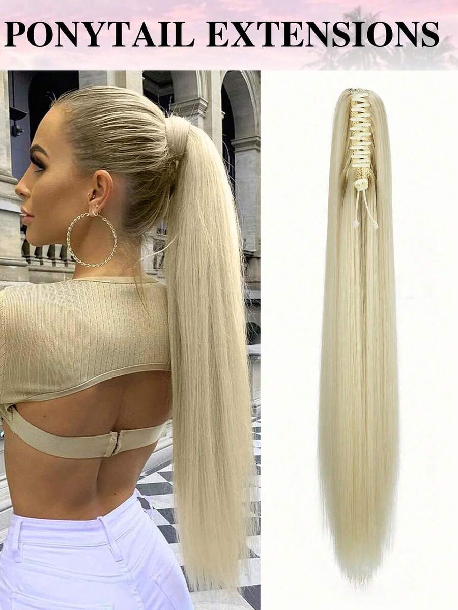 Extensiones de cola de caballo sintética larga y recta de 26 pulgadas, 150g/paquete, pieza de cabello de cola de caballo con clip, fibra resistente a altas temperaturas (dorado) - Dorado - Ver 1