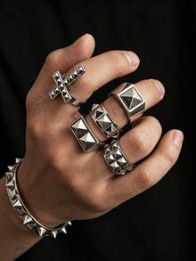 5pcs Personalized Punk Rivet Cross Rings, Men's Street Hip-Hop Geometric Metal Accessories, Suitable For Daily Wear, Parties, Music Festivals, Holiday Gift For Family And Friends - Antique Silver - View 1