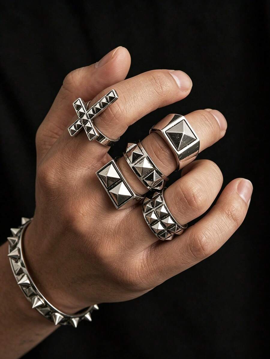 5pcs Personalized Punk Rivet Cross Rings, Men's Street Hip-Hop Geometric Metal Accessories, Suitable For Daily Wear, Parties, Music Festivals, Holiday Gift For Family And Friends - Antique Silver - View 1