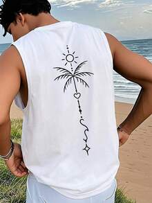 1 chiếc áo tank top nam cổ tròn in hình cây dừa, kiểu dáng thường ngày, thích hợp cho mùa hè. - trắng - Xem 3