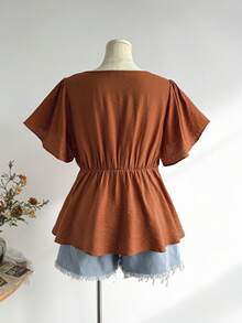 Rusttydustty Women's Brick Red Orange Round Neck Ruffle Sleeve Half-Button Embroidered Bohemian Casual Top, Suitable For Autumn And Halloween - Burnt Orange - View 3