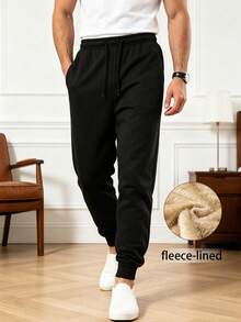 Men's Solid Color Casual Fashion Daily Versatile Fleece Pants - Black - View 1