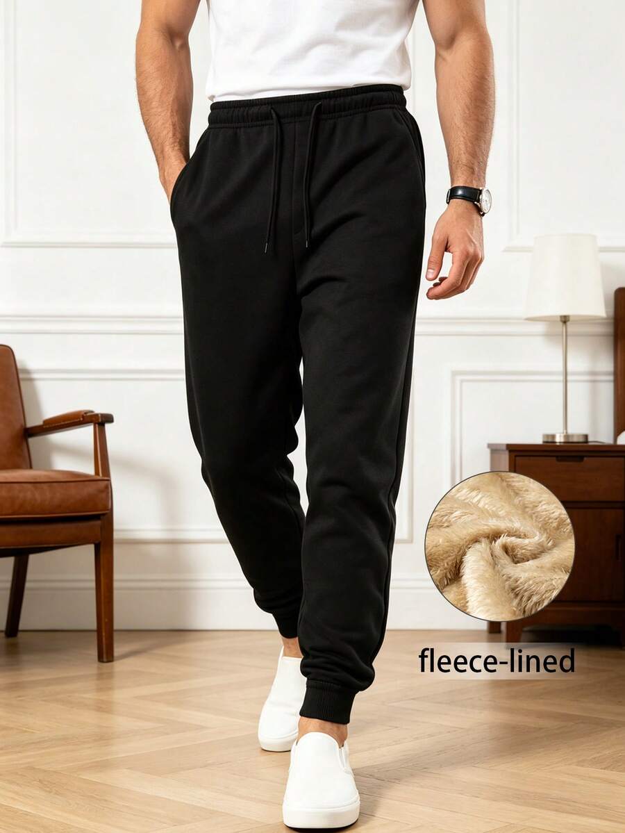 Men's Solid Color Casual Fashion Daily Versatile Fleece Pants - Black - View 1