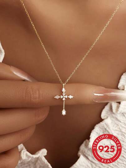 1 buc. colier cu pandant cruciform din argint sterling S925 placat aur, cu zirconiu marquise, placat aur alb, stil minimalist clasic, zirconiu în formă de lacrimă, poate fi asortat cu cruce potrivită, bijuterie din argint sterling pentru femei, lanț pentru clavicul, potrivit ca cadou de sărbători, pentru purtare zilnică, poate fi purtat în straturi