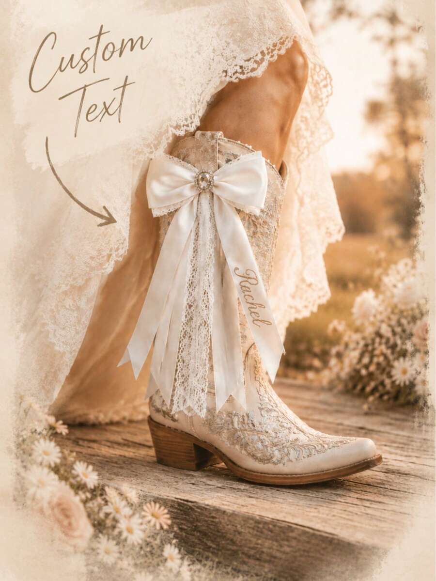 Personalized Custom Name Rhinestone Lace Satin Boot Bow Western Country Wedding Cowgirl Bridal Boot Decor - Boots With Bows - View 1