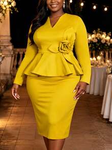 AOMEI Elegant Sophisticated Noble Plus Size Women Yellow V Neck Long Sleeve Ruffle 3D Floral Mid-Length Bodycon Dress Birthday Party Wedding Guest For - Ginger - View 5