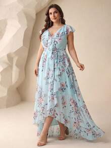 UNITHORSE Non-Positioning Flower V-Neck Ruffle Collar Detachable Tie Asymmetrical Ruffle Hem Printed Bridesmaid Dress - Baby Blue - View 4
