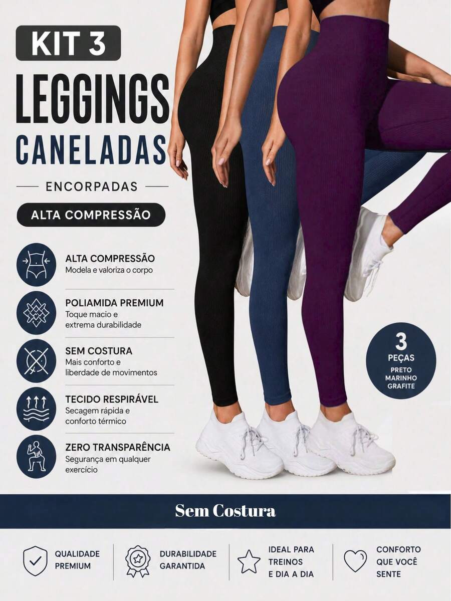 Set Of 3 Ribbed High-Waisted Leggings In High-Compression Polyamide - Pto/Marine/Eggplant - View 1