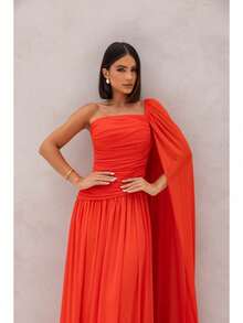 Long, One-Shoulder Party Dress In Dark Nude, Flowing Style, For Bridesmaids/Dates/Graduations/Guests. - Orange - View 4