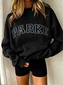 2026New Arrival Bestseller Women's Casual "PARKE" Letter Print Loose Pullover Sweatshirt, Encountering Lazy Fashion, Women's Graphic Tops Clothes. - 黑色2 - 查看 2