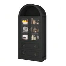 Tall Curved Storage Cabinet (80 X 36 X 170 Cm) With Drawers And Doors, For Kitchen And Living Room, Glass Doors, Black - Black - View 1