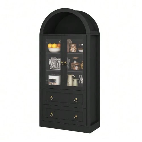 Tall Curved Storage Cabinet (80 X 36 X 170 Cm) With Drawers And Doors, For Kitchen And Living Room, Glass Doors, Black - Black - View 1