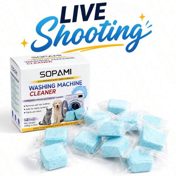 SOPAMI Washing Machine Cleaner Tablets 12 Pack, Deep Clean HE Front Load Top Load Washer, Remove Stubborn Pet Hair Odors, Septic Pet Owner Solution Washing Machine Tablets