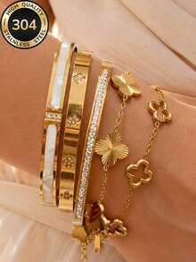 18k Gold Plated Women's Luxury Minimalist Pointed Flower Bracelet & Bangle Set, Stackable, 304 Stainless Steel Long-Lasting Color, Suitable For Daily Commute, Street Shopping, Bar Nightclub Dancing, Birthday Party, Christmas Holiday Gift And Other Occasions - Gold - View 2