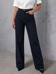 Women's High Waisted Straight Leg Jeans, Slightly Stretchy Pre-Washed Denim Pants, Latina Street Style Casual Everyday Wear, Comfortable, Size Runs Large - Black - View 3