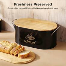 Myrothcane Oval Metal Bread Box With Bamboo Lid And Side Handles, Large Capacity Kitchen Countertop Bread Storage Bin, Farmhouse Style Bread Freshness Container, White And Black Optional Food Storage Canister - Black and White - View 2