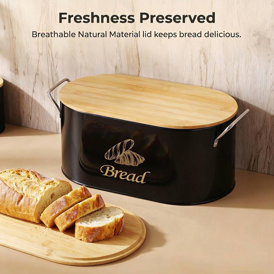 Myrothcane Oval Metal Bread Box With Bamboo Lid And Side Handles, Large Capacity Kitchen Countertop Bread Storage Bin, Farmhouse Style Bread Freshness Container, White And Black Optional Food Storage Canister