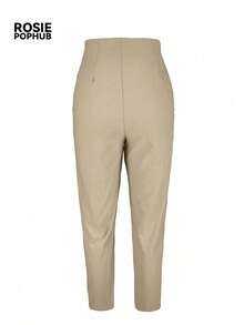 ROSIE POPHUB Women Apricot Elegant High Waist Pleated Straight Leg Pants Single Button Slim Fit Office Work Trousers For Daily Commute Fall Winter - Apricot - View 7