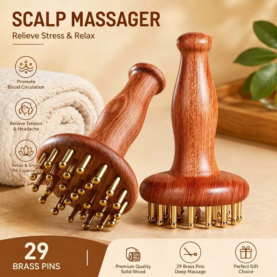 Handheld Wooden Head Massager | Brass Needle Scalp Massage Tool For Relaxation & Tension Relief - Brown - View 1