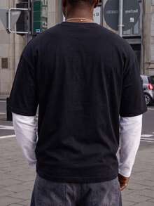 Modcrash Men's Solid Color 2 In 1 Long Sleeve T-Shirt, Black And White Color Block Crew Neck Top - Black - View 4