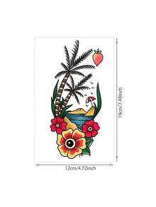 1 Sheet Men's Old School Tropical Beach Temporary Tattoo Stickers, Color Palm Tree Hibiscus Ocean Island Peach Retro Traditional Waterproof Large Body Stickers For Arm Chest Rib Shoulder Decor - Multicolor - View 6
