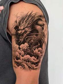 1 Sheet Men's Black Grey Chinese Dragon Temporary Tattoo Stickers, Traditional Oriental Cloud Wave Asian Dragon Ink Sketch Large Waterproof Body Stickers For Forearm Chest Rib Back Shoulder - Black - View 4