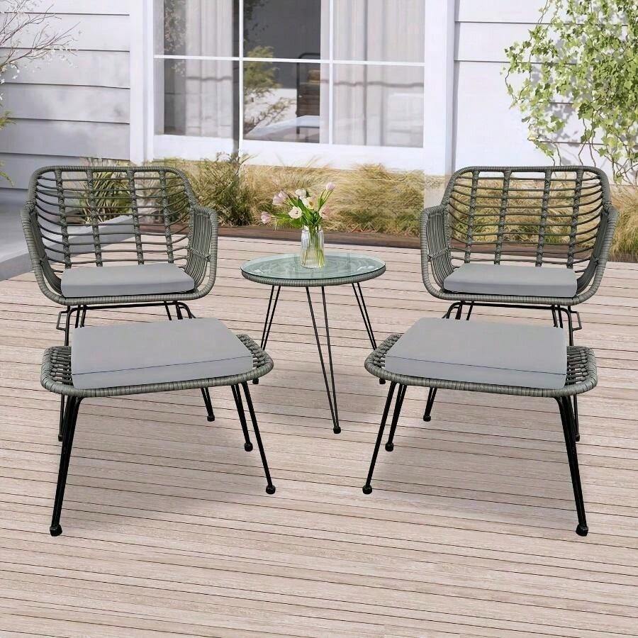 5pcs Rattan Patio Furniture Set With Glass Table Modern Garden Bistro Set With Cushions, Lounge Chairs And Ottomans For Balcony, Backyard, Outdoor Tea Time, Black Cushion, Rust-Resistant Frame - Grey - View 1