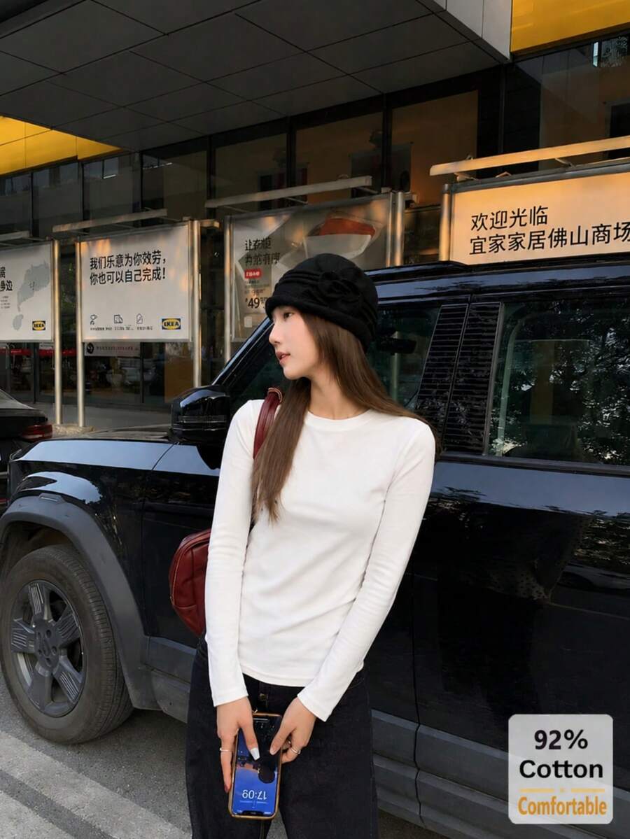 秋季純棉長袖T恤，百搭白色女款上衣，修身純色內搭底層襯衫 - 白色 - 查看 1