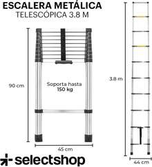 Escalera telescópica recta de aluminio, 3,8 metros de altura con 10 peldaños, capacidad de carga de 150 kg, diseño retráctil y plegable, compacta y portátil, con sistema de bloqueo de escalones. - Normal - Ver 7
