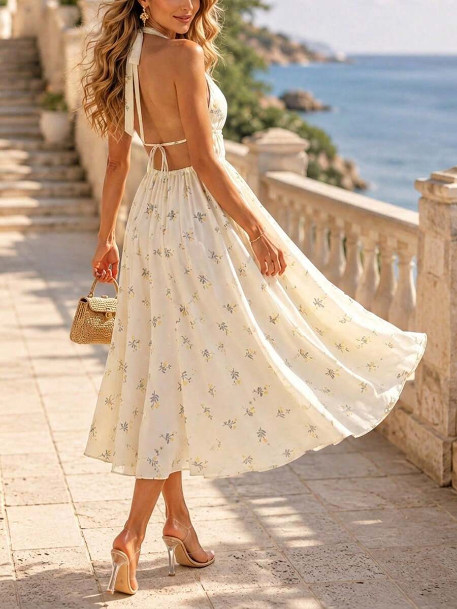 Perirose Women's Light Yellow Floral Bohemian Style Halter Neck Deep V-Neck Backless Flowy Mid-Length A-Line Dress, Charming, Elegant, Graceful, Fashionable, Vacation, Outdoor, Romantic, Old Money Style, Romantic Vacation, Elegant Feminine, Vintage, Luxurious, Glamorous, Tea Party, Brunch, Birthday, Wedding, Club, Party, Concert, Light Yellow Women's Long Dress, Wedding Guest Dress Women Elegant Formal - Apricot - View 1