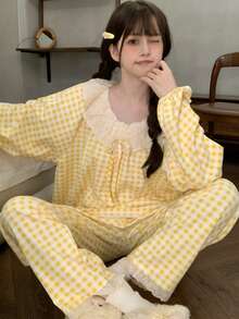 2pcs/Set Women's Pajamas Loungewear Set, Korean Style Casual Plaid Print Matching Set, Long Sleeve Long Pants, Suitable For Home And Casual Wear - Yellow - View 6