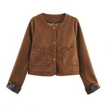 Jaket Motor Wanita Terbaru Musim Gugur Retro Melange Pendek Patchwork Bulu Imitasi Serbaguna - Coklat - View 9