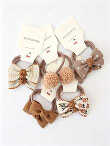 10pcs Children Elastic Bow Fabric Hair Ties, Floral & Ball Design, Suitable For Daily Use - Khaki - View 10