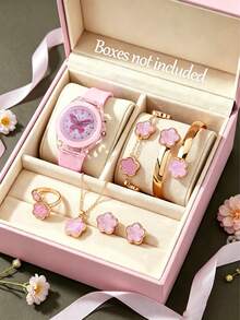 1pc/7pcs Set Teenager Exquisite Fashion Luminous Quartz Watch With Cute Flower Series Jewelry Set, Luminous Quartz Watch, Silicone Strap, Rotating Hands, Perfect Gift For Easter, Festival, Halloween, Christmas, New Year - Multicolor - View 3