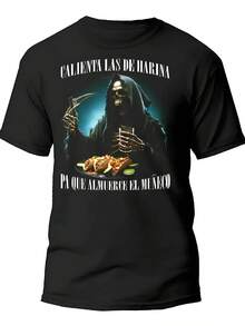 Playera de hombre de algodón suave con estampado gráfico creativo y diseño divertido, manga corta casual para uso diario y estilo moderno juvenil - Negro - Ver 1